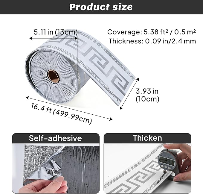 Peel and Stick Wallpaper Borders, Waterproof Self-Adhesive PVC Foam Wall Base for Kitchen Living Room Bedroom Bathroom, 3.93 Inch x 16.4 Ft (Silver)