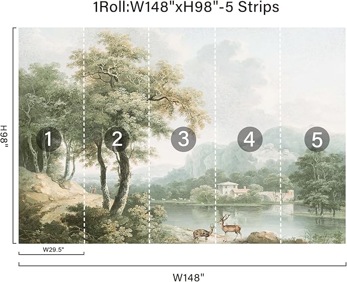 Zeeko Vintage Forest Wall Murals Peel and Stick 148"x98" Canvas Waterproof Self-Adhesive Removable Wallpaper for Bedroom Living Room Green Countryside Landscape Wall Art Decor