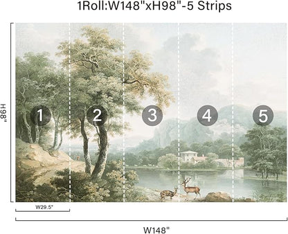 Zeeko Vintage Forest Wall Murals Peel and Stick 148"x98" Canvas Waterproof Self-Adhesive Removable Wallpaper for Bedroom Living Room Green Countryside Landscape Wall Art Decor