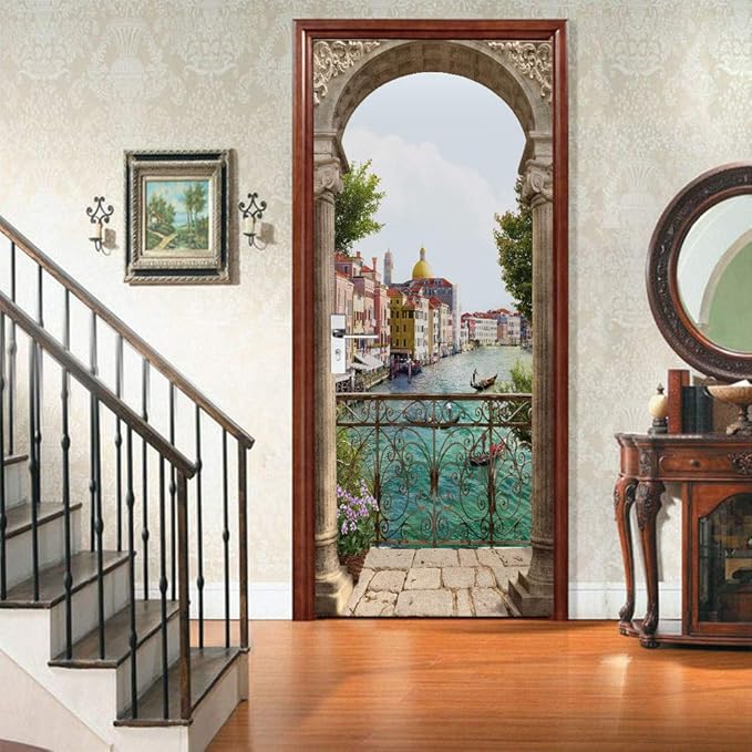 3D Door Stickers Murals - Landscape Peel and Stick Waterproof & Washable Matt Finish Modern Style White 35.4" x 78.7" 2 Pieces