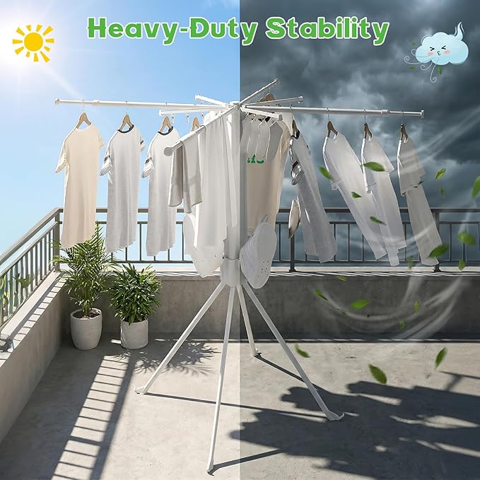 cjc Foldable Clothes Drying Rack, Space Saving Laundry Drying Rack,Collapsible Drying Rack Used for Indoor,Outdoor, 4 Retractable Drying Rods + 4 Shoe Racks + 4 Sock Clips with 16 Clips White