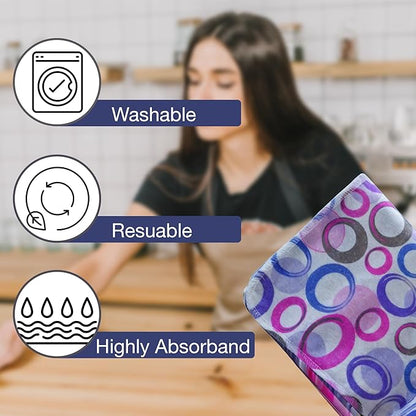 Pack of 10 Reusable Paper Towels | 10x10 Inch Cotton Towels | Kitchen Utensils Print | Eco Friendly, Washable, Quick Drying | Sustainable Cleaning Cloths | Purple Blue