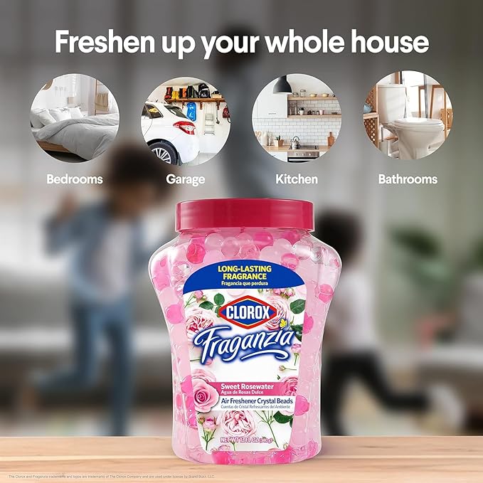 Clorox Fraganzia Crystal Beads Air Freshener, Long Lasting Room Deodorizer and Odor Eliminator Gel Beads to Freshen Home, Car, or Office, Sweet Rosewater Scent, 12 Fl Oz - 2 Pack