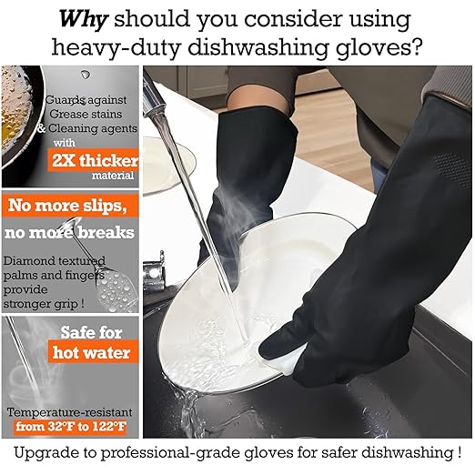 Thick Rubber Cleaning Gloves - 2 Pairs Black Rubber Gloves for Dishwashing Medium, Non-Slip Kitchen Gloves for Washing Dishes, Reusable Cleaning Gloves, Waterproof, Heavy-Duty (2P,M)