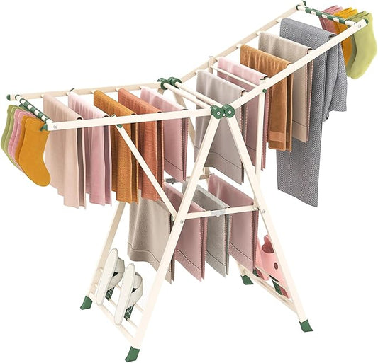 Giantex Clothes Drying Rack, Foldable Metal Laundry Drying Rack with Height Adjustable Wings, 16 Drying Rails, Sock Clips & Shoe Racks, Freestanding Clothing Stand for Indoor & Outdoor, Beige