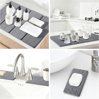 3 PCS Large Stone Dish Drying Mat for Kitchen Counter, Quick Dry Stone Dishes Mats, Sink Faucet Mat, Minimalist Water Absorbing Diatomaceous Earth Drying Pad for Countertop Tableware, Bottles