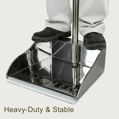 Metal Dustpan Long Handle Stainless Steel Dustpan,Heavy Duty Standing Dust Pan with Teeth, Indoor Outdoor Up for Home Kitchen Lobby Room Office