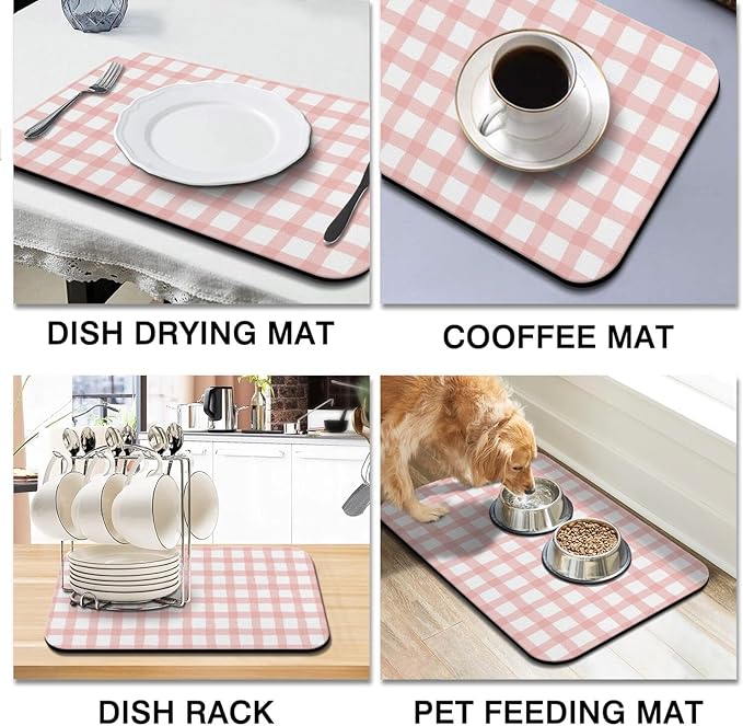 Dish Drying Mat for Kitchen Counter 2 Pack with Non-Slip Rubber Backing - Heat-Resistant Absorbent Coffee Bar Mat, Dish Rack Mat, Pink Flowers Dish Drying Mats 18x24+19.5x12 inch