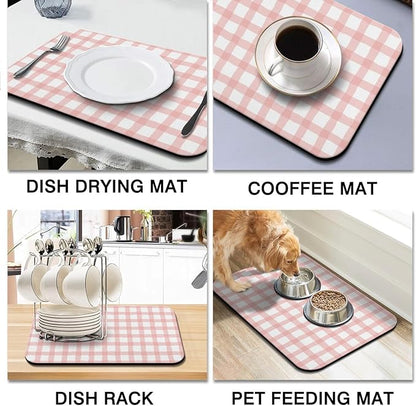 Dish Drying Mat for Kitchen Counter 2 Pack with Non-Slip Rubber Backing - Heat-Resistant Absorbent Coffee Bar Mat, Dish Rack Mat, Pink Flowers Dish Drying Mats 18x24+19.5x12 inch