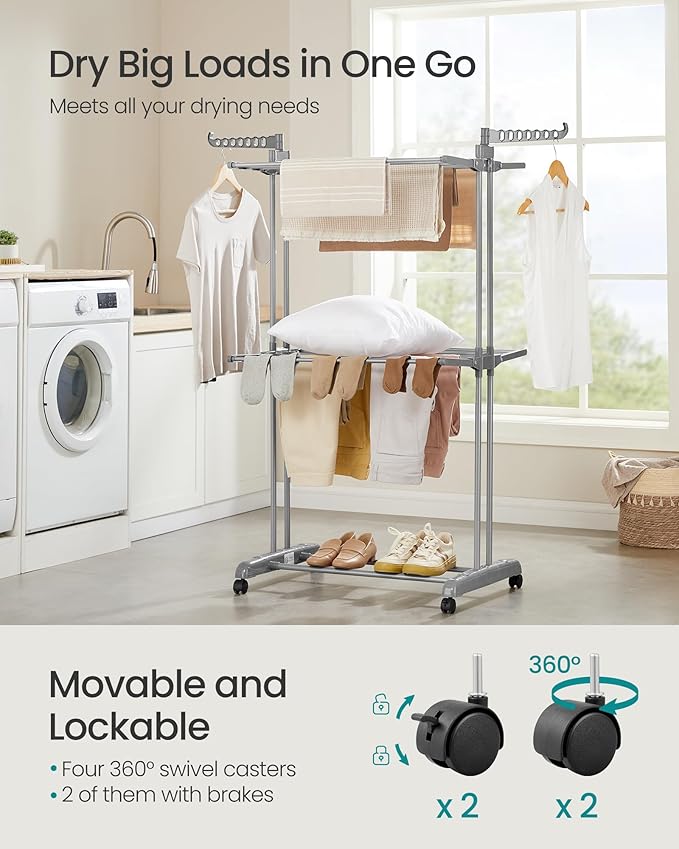 SONGMICS Clothes Drying Rack 3-Tier, Foldable Laundry Drying Rack 58.3-Inch Tall, Stainless Steel, Rolling Clothes Horses, Clothes Airer, Indoor Outdoor Use, Dove Gray ULLR702G01