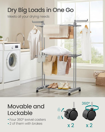 SONGMICS Clothes Drying Rack 3-Tier, Foldable Laundry Drying Rack 58.3-Inch Tall, Stainless Steel, Rolling Clothes Horses, Clothes Airer, Indoor Outdoor Use, Dove Gray ULLR702G01