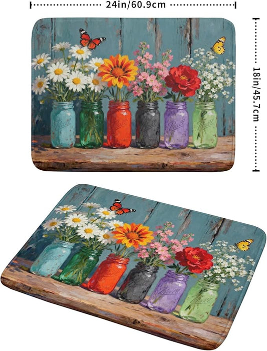 Spring Summer Floral Dish Drying Mat for Kitchen Counter 18x24 Flower Bottle Butterfly Woodgrain Seasonal Absorbent Reversible Microfiber Drying Mats Kitchen Countertop Protector Dishes Drainer Pad