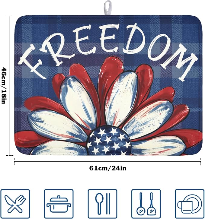 4th of July Dish Drying Mat 24x18 Inch, Patriotic Drying Mat with Absorbent Reversible Microfiber, Independence Day Dish Drainer Mats Memorial Day Rack Pad for Coffee Countertop Kitchen Protector