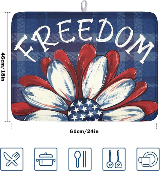 4th of July Dish Drying Mat 24x18 Inch, Patriotic Drying Mat with Absorbent Reversible Microfiber, Independence Day Dish Drainer Mats Memorial Day Rack Pad for Coffee Countertop Kitchen Protector