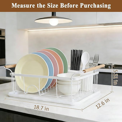 Dish Racks for Kitchen Counter, Thickened Metal Dish Drying Rack with Wooden Handles, Kitchen Countertop Organizer for Dishes, Spoons and Forks, No Assembly, White, 16.7''*12.6''*5.12''
