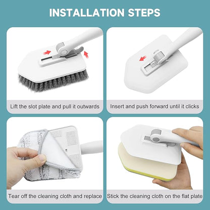 nacena Shower Scrubber with Long Handle, 4 in 1 Tile Tub Scrubber Brush with 3 Detachable Cleaning Shower Heads and Floor Squeegee Shower Cleaner Brush for Bathroom Kitchen Tub Sink Floor, Grey White