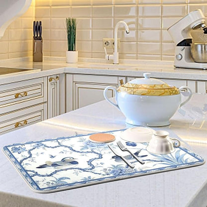 Absorbent Dish Drying Mat Microfiber Dish Drying Pad Reversible Drainer Mats for Countertop, Spring Cute Birds Kitchen Counter Decor, 16'' x18''