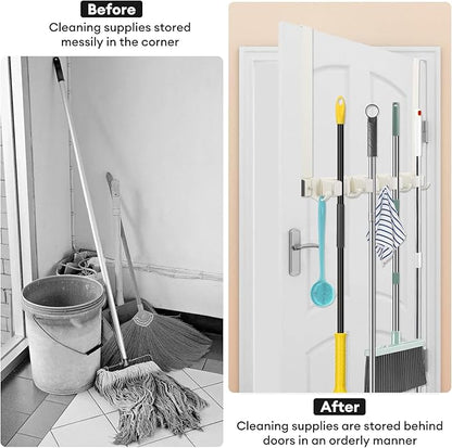Over Door Movable Broom and Mop Hanging Holder with Sliding 4 Rack 5 Hook, Metal Mop and Broom Holder Wall Mount with 2 Over Door Hook, Door Mount Storage Organizer for Closet Garage Laundry, White