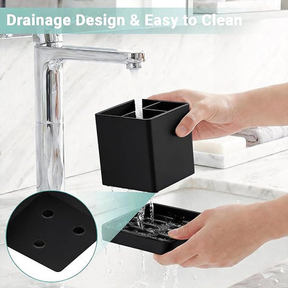 Toothbrush Holders for Bathrooms, 3 Slots Kids Countertop Silicone Electric Tooth Brush and Toothpaste Holder Organizer Stand with Drainage Tray, Bathroom Accessories Decor, Black