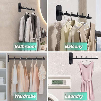 Folding Wall Mounted Clothes Hanger Rack with Swing Arm, Foldable 180°Rotation, Stainless Steel 304 Folding Clothes Hanger Drying Rack Rod, for Laundry Room Valet Hook (Black)