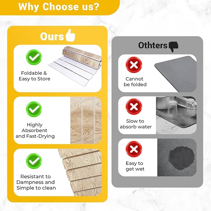 Dish Drying Mats, Large 24x16 Inch Diatomaceous Earth Drying Mat / Fast-Absorbing,Non-Slip Stone Drying Mat For Kitchen Counter / Eco-Friendly for Dishes(Dark wood grain)
