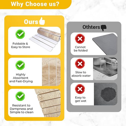 Dish Drying Mats, Large 24x16 Inch Diatomaceous Earth Drying Mat / Fast-Absorbing,Non-Slip Stone Drying Mat For Kitchen Counter / Eco-Friendly for Dishes(Dark wood grain)