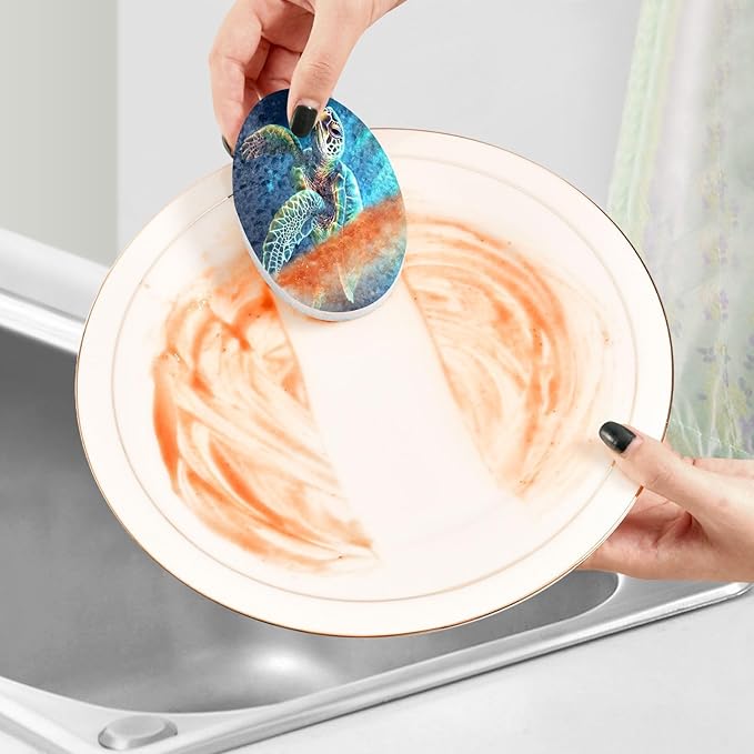 Sea Turtle Kitchen Scrub Sponges, Pop-up Kitchen Cleaning Sponges Reusable Dish Washing Sponges for Bathroom Household Cleaning 3 Pack - Non Scratch Scrubber