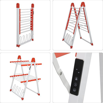 Electric Heated Clothes Drying Rack,Foldable Heated Garment Dryer with Timer Shut-Off Laundry Rack for Clothes Shoes Socks,Aluminum Alloy,Red,Plug & Play,(39.37x25.98x23.82in)