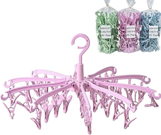 Foldable Drying Rack with 40 Clips for Drying Socks Lingerie Baby Clothes Drying Towels Rotatable Sock Drying Rack（Pink）