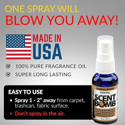 Scent Bomb Air Freshener Spray, Long-Lasting Odor Eliminator - Effective Deodorizer for Home & Car, Fresh Room Spray for Kitchen, Bathroom & Smell Neutralizer - 1 oz Pack of 4, Sandalwood Scent