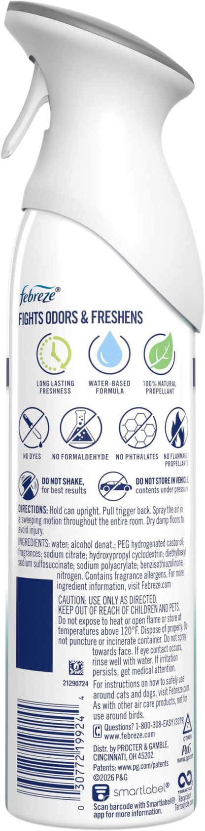 Febreze Air Mist, Air Freshener Spray, Odor Fighting Room Spray, Deodorizer for Home Bathroom Kitchen Office Apartment Dorm Room Classroom, Heavy Duty Crisp Clean Scent, 8.1oz, (Pack of 6)