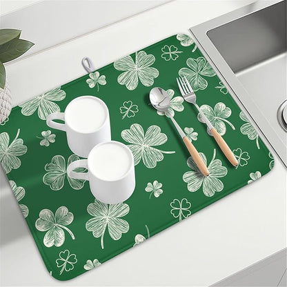 St Patrick's Day Dish Drying Mat 18 x 24 Inch Green Shamrock Dish Drainer Rack Mat Absorbent Microfiber Mats for Spring Lucky Clovers Dish Pad for Kitchen Coffee Bar Decor