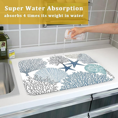 Blue Coral Dish Drying Mat 18x24 Inch Absorbent Reversible Summer Beach Drying Mat Nautical Coastal Starfish Dish Drying Rack Mat Ocean Themed Dish Drainer Mat for Kitchen Counter Coffee Bar
