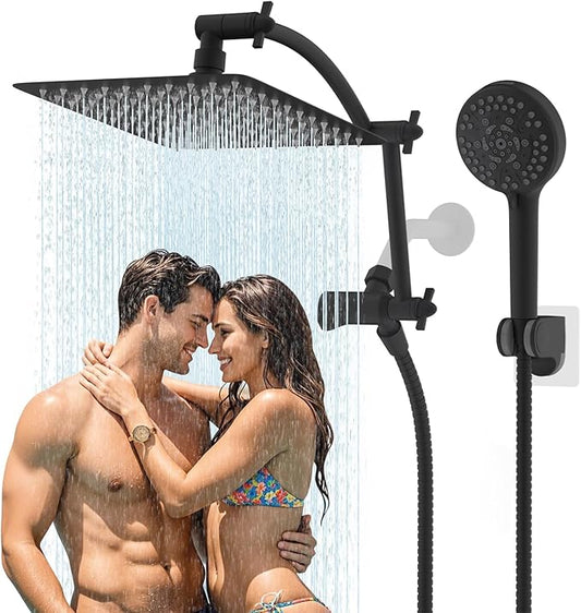 Hibbent All Metal cUPC Certified Shower Head, 12'' High Pressure Rain Shower Head, Handheld Showerhead Combo with 16'' Adjustable Extension Arm, 10 Sprays, 71'' Hose, Showerhead Holder, Matte Black