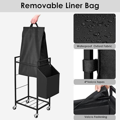 Laundry Hamper with Rustic Brown Lid & Wheels; 96L Large Rolling Laundry Basket with Removable Oxford Liner Bag; Tall Freestanding Dirty Clothes Hamper with Side Pocket; Metal Frame Laundry Cart