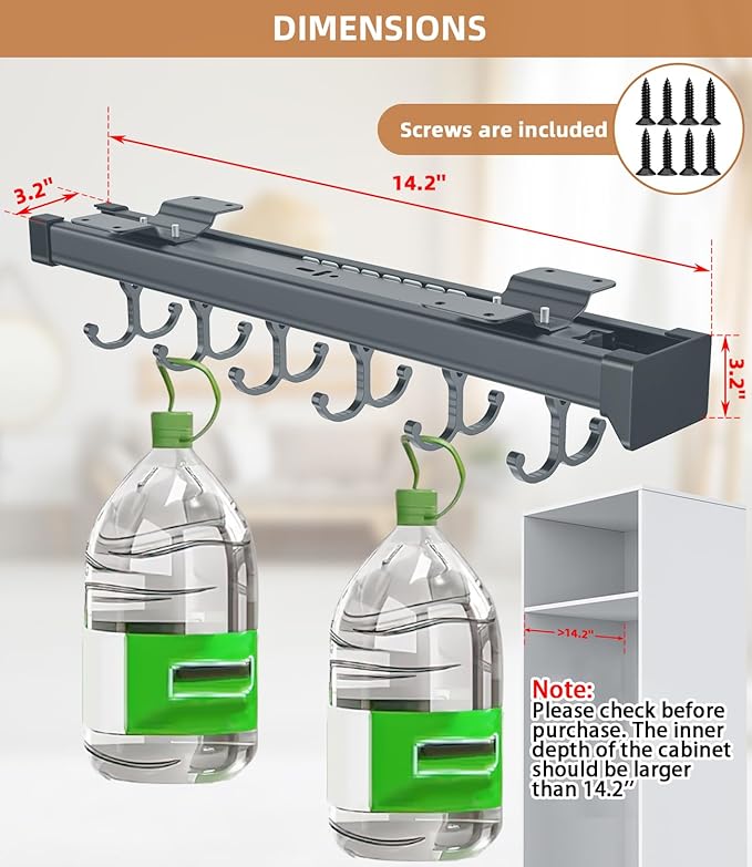 Pull Out Broom Holder, Multifunctional Slide Broom And Mop Storage/Organizer With Adjustable Double Row Sliding Hook, Garage Organization Hooks, for Closet Laundry - grey - 36cm/14.17inch