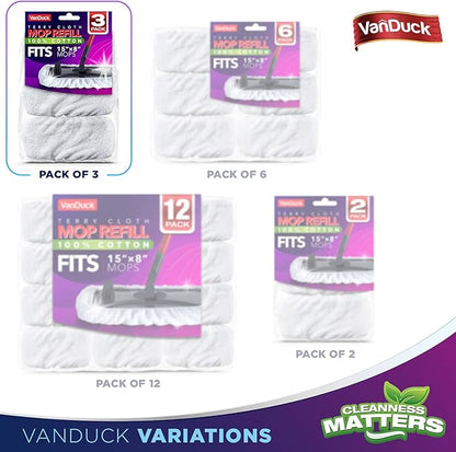 VanDuck 100% Cotton Terry Mop Pads 15x8 Inches 3-Pack, Terry Cloth Mop Covers (Handle is Not Included)