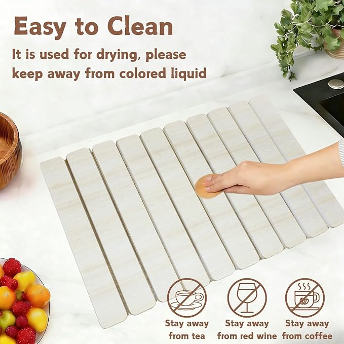 Dish Drying Mats, Large 24x16 Inch Diatomaceous Earth Drying Mat / Fast-Absorbing,Non-Slip Stone Drying Mat For Kitchen Counter / Eco-Friendly for Dishes(Light wood grain)
