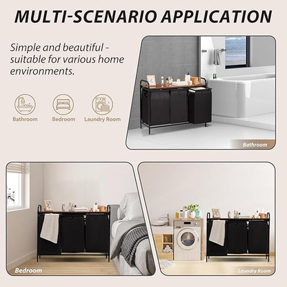 3 Section Laundry Hamper with Shelf, Laundry Basket Organizer with 3 Pull-Out Removable Bags 3×12.3Gal(46.6L), Laundry Sorter for Clothes Organization in Bedroom, Laundry Room, Brown