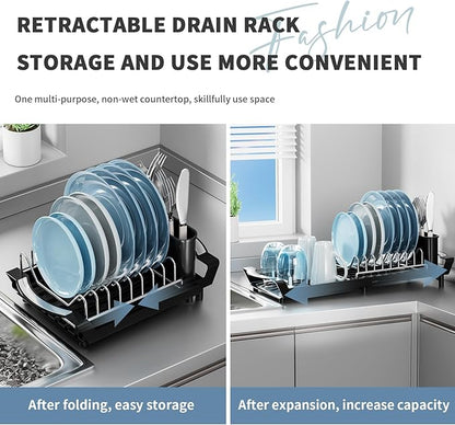 Expandable Dish Drying Rack for Sink or Countertop – Compact Stainless Steel Dish Drainer with Removable Utensil Holder, Rustproof Plate Rack for Small Kitchen Spaces, Black