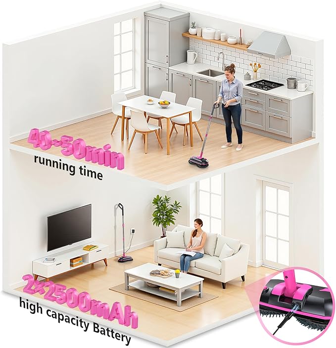 ScrubWiz Cordless Electric Mop, Electric Spin Mop with Water Spray, Powerful Floor Cleaner, Super Quiet Cleaning & Waxing, Pink and Black