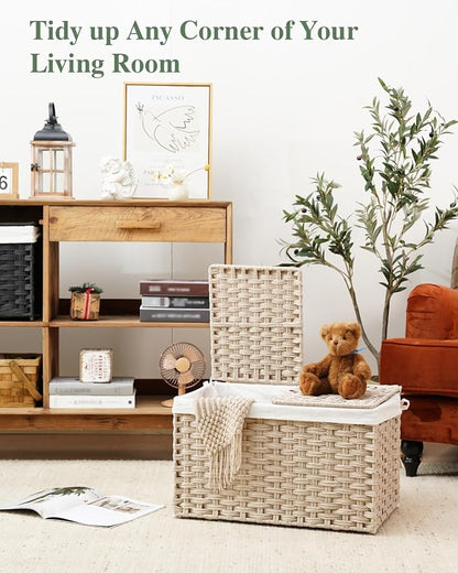 Storage Basket with Lid Rattan Woven Storage Baskets with 2 Separate Lids, 17.2 Gallon (65 L) Wicker Storage Bins Foldable 2 Removable Liner Bags Handles for Bedroom, Laundry Room Light Khaki