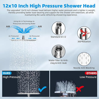 Hibbent All Metal 12'' Dual Filtered Rainfall Shower Head Combo, High Pressure Handheld Shower Head with 16'' Adjustable Arc Extension Arm, 20 Stage Shower Filter, 10-spray, 71'' Shower Hose, Chrome