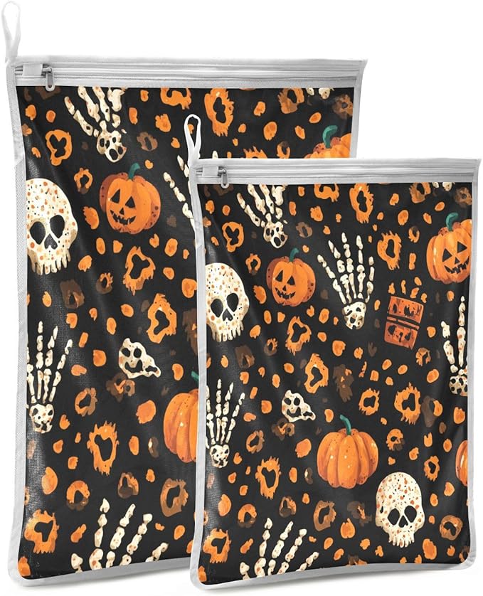 Mesh Laundry Bags Lingerie Bags for Washing Delicates 2 PCS Durable Wash Bag with Zipper Small and Medium Washable Halloween Leopard Pumpkin Skull Brown