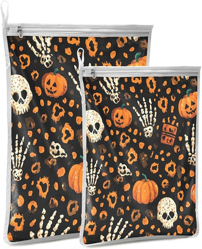 Mesh Laundry Bags Lingerie Bags for Washing Delicates 2 PCS Durable Wash Bag with Zipper Small and Medium Washable Halloween Leopard Pumpkin Skull Brown