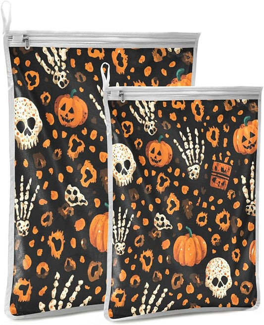 Mesh Laundry Bags Lingerie Bags for Washing Delicates 2 PCS Durable Wash Bag with Zipper Small and Medium Washable Halloween Leopard Pumpkin Skull Brown