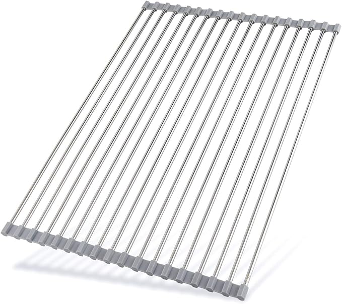 Hhyn Roll Up Dish Drying Rack 20.5"(L) x 13.8"(W) - Stainless Steel and Silicone Dish Drying Mat Over The Sink Foldable Drain Rack Multipurpose Dish Drainer Extra Large, Gray