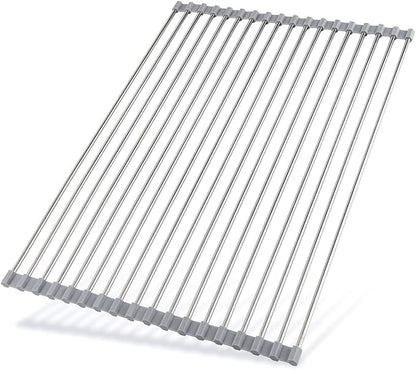 Hhyn Roll Up Dish Drying Rack 20.5"(L) x 13.8"(W) - Stainless Steel and Silicone Dish Drying Mat Over The Sink Foldable Drain Rack Multipurpose Dish Drainer Extra Large, Gray