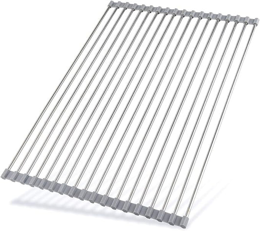 Hhyn Roll Up Dish Drying Rack 20.5"(L) x 13.8"(W) - Stainless Steel and Silicone Dish Drying Mat Over The Sink Foldable Drain Rack Multipurpose Dish Drainer Extra Large, Gray