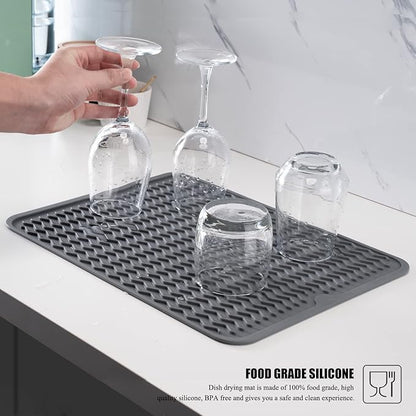Large 24" x 18" Silicone Dish Drying Mat for Kitchen Counter, Easy clean, Quick Dry, Heat-resistant Dish Drainer Mat for Sink,Refrigerator or Drawer liner (Food Grade Silicone-White)